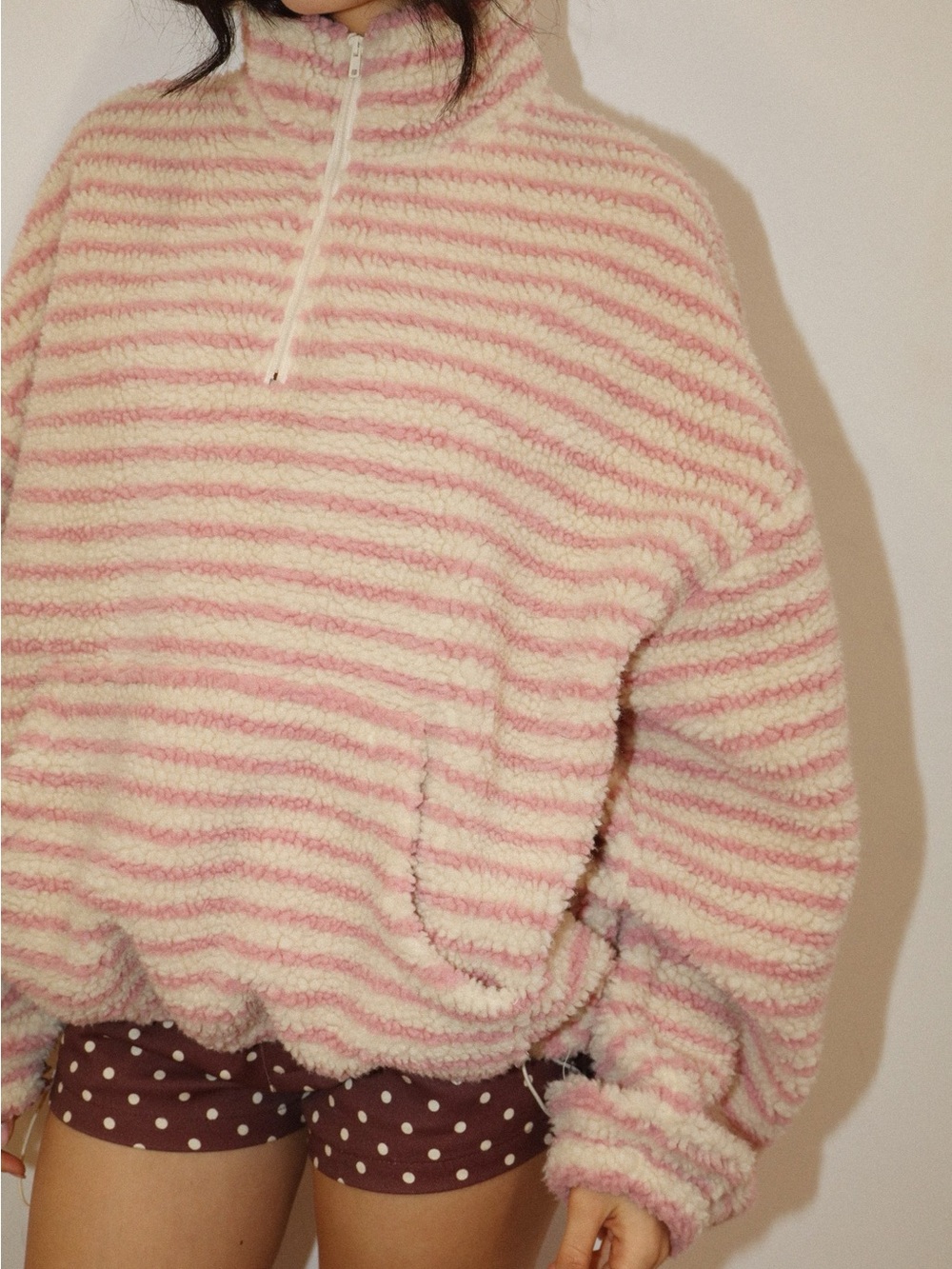 Bailey Rose Striped Pink & Cream Sherpa Half-Zip Pullover S